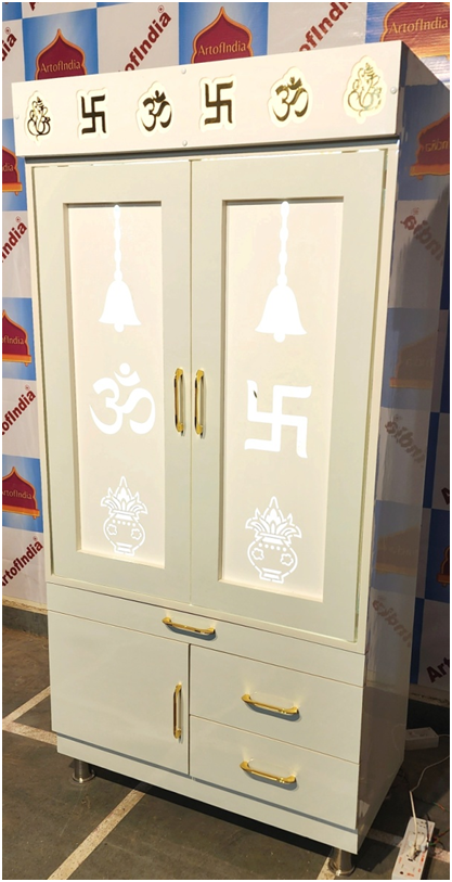 ARTOFINDIA/ Beautiful White Designer Wooden Mandir With Pocket (Om, Ghanti & kalas) Acrylic Doors For Home/Designer Temple