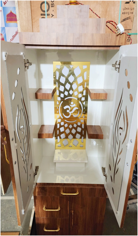 ARTOFINDIA/ Elegant Designer Brown Wooden Mandir With (Mor Pankh) Doors For Home/Designer Temple