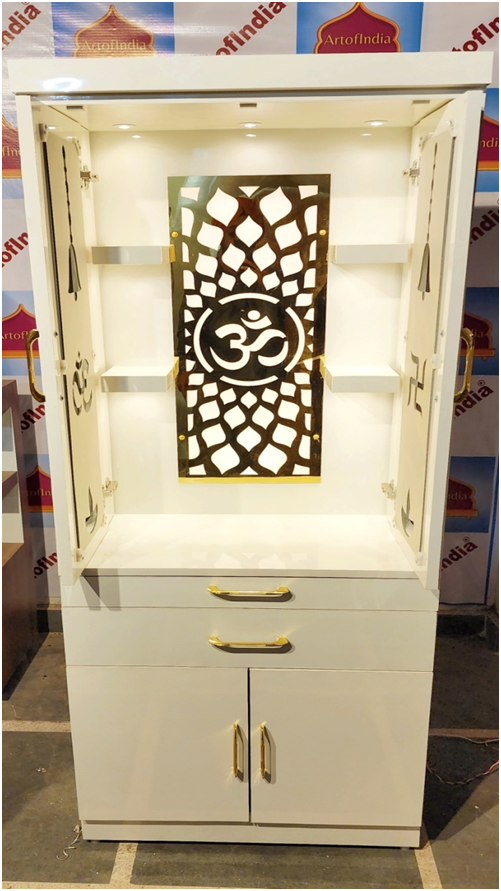 ARTOFINDIA/ Gorgeous Designer White Wooden Mandir With (Acrylic) Pocket Doors For Home/Designer Temple