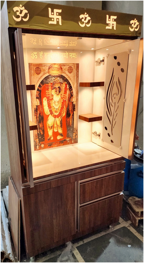 ARTOFINDIA/ Gorgeous Designer Brown Wooden Mandir (BALA JI) Photo With Pocket Doors (Mor Pankh) For Home/Designer Temple