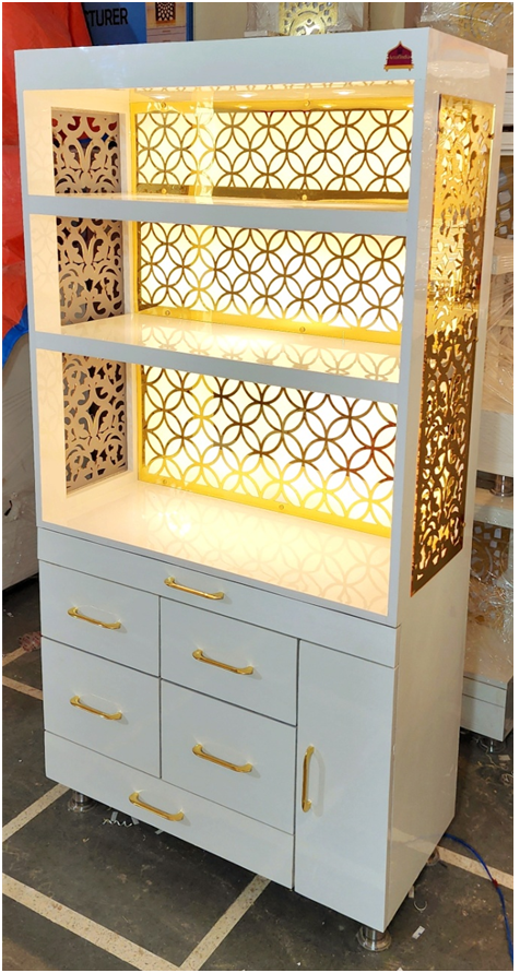 ARTOFINDIA/ Beautiful Designer White Wooden Mandir (Golden Color Side Jali) With Big Wide Shelfs For Home/Designer Temple