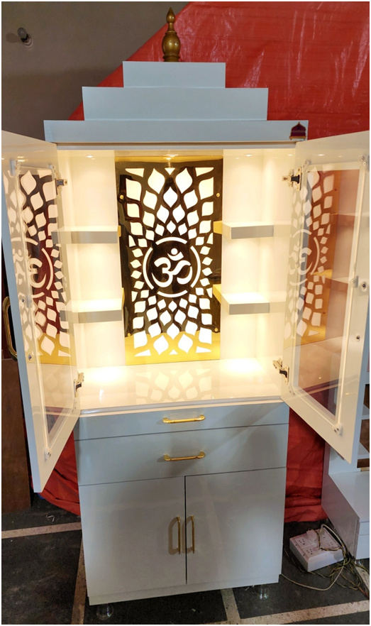 ARTOFINDIA/ Beautiful Designer White (Om) Design Wooden Mandir With Glass Doors & Shelfs For Home/Designer Temple