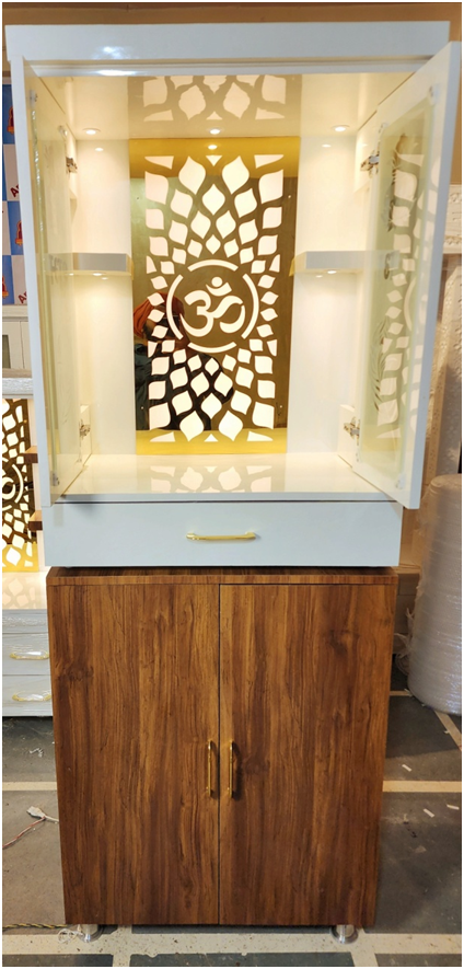 ARTOFINDIA/ Beautiful White & Brown Wooden (OM) Designer Mandir With Pocket (Shubh Labh & Kalas) Designed Glass Doors For Home/Designer Temple