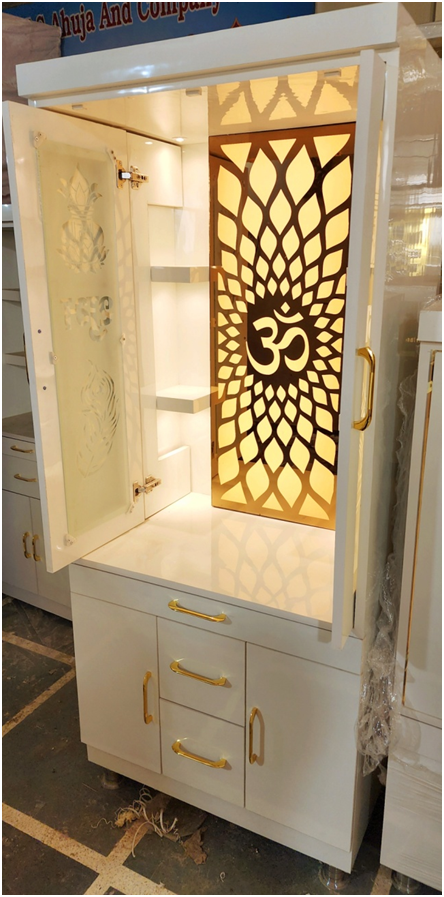 ARTOFINDIA/ Beautiful White Wooden Designer Mandir With Pocket (Shubh Labh & Kalas) Designed Glass Doors For Home/Designer Temple