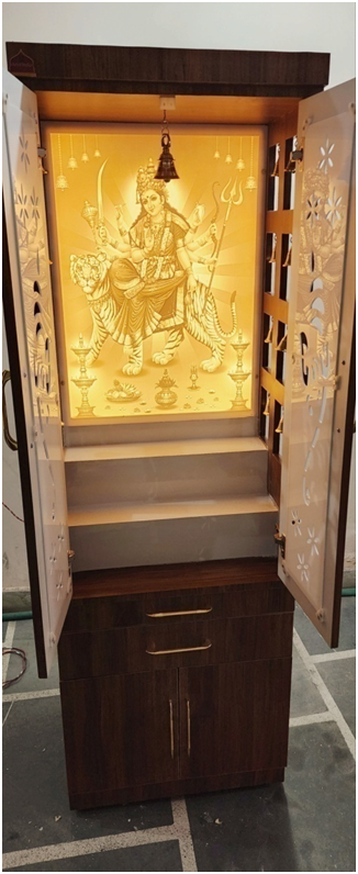 ARTOFINDIA/ Beautiful Brown Designer Corian (Shera Wali Mata) Photo Mandir With Acrylic (Ganesha) Doors & Side Bells For Home/Designer Temple