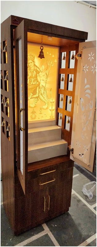 ARTOFINDIA/ Beautiful Brown Designer Corian (Shera Wali Mata) Photo Mandir With Acrylic (Ganesha) Doors & Side Bells For Home/Designer Temple