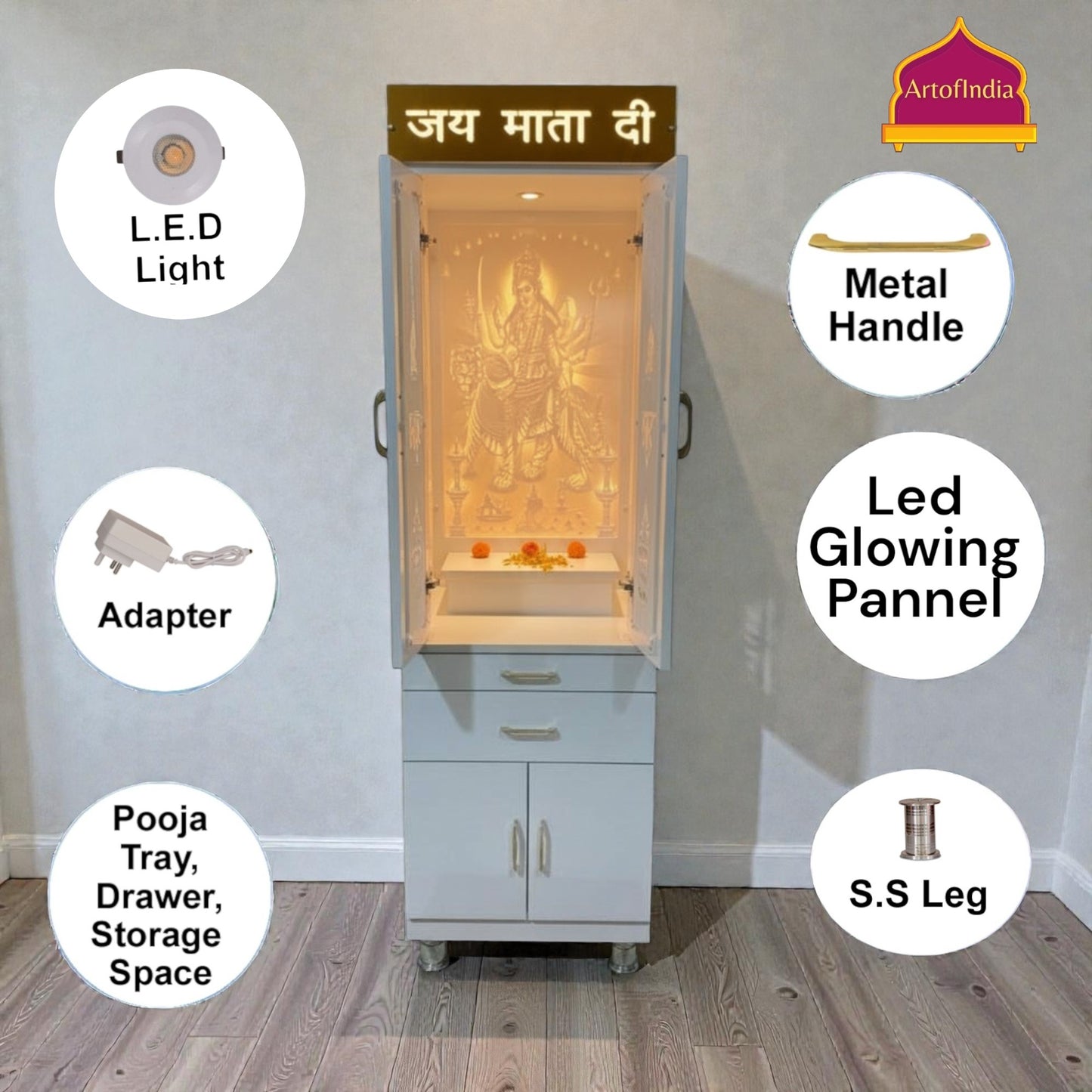 ARTOFINDIA White  Wooden Corian  Mandir With  Mata Ji Design Corian Mandir  With Drawers Included Tray