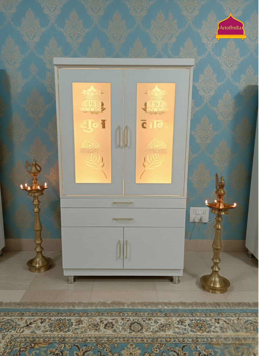 ARTOFINDIA White Wooden Pooja Mandir With Mor Pankh Design Glass  And Doors  With  Drawers Included Tray