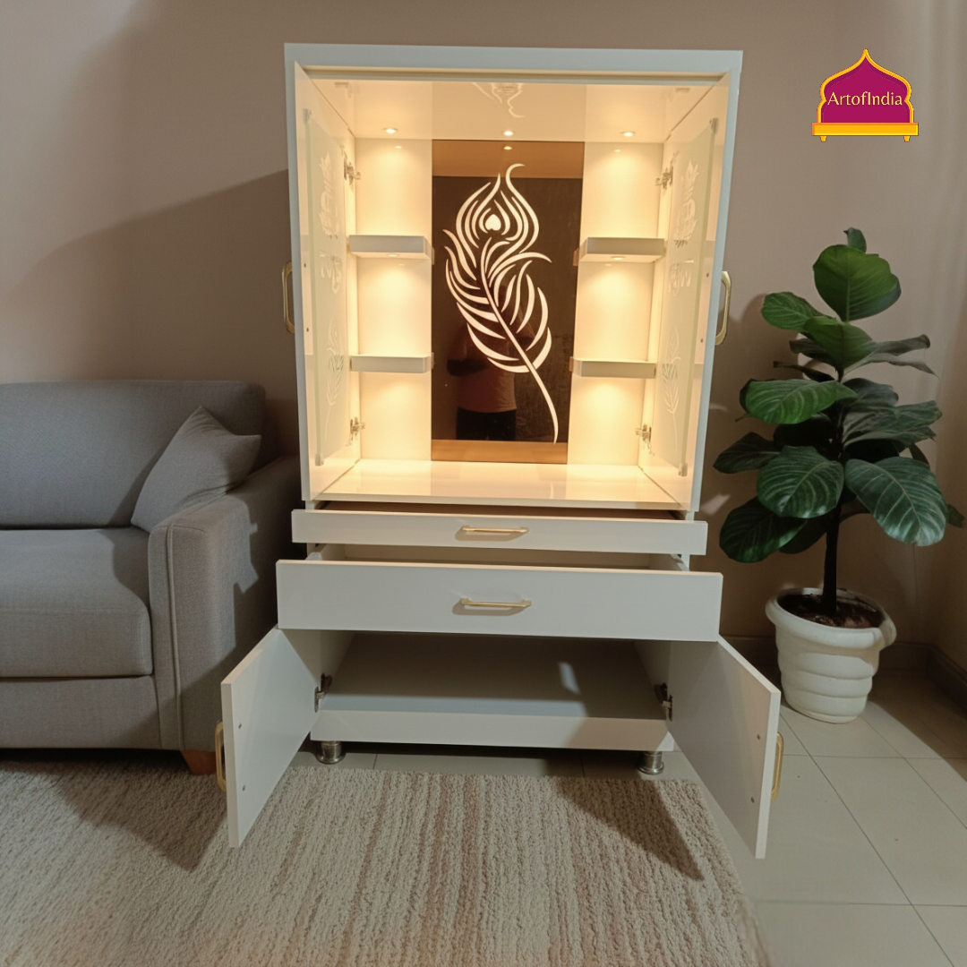 ARTOFINDIA White Wooden Pooja Mandir With Mor Pankh Design Glass  And Doors  With  Drawers Included Tray
