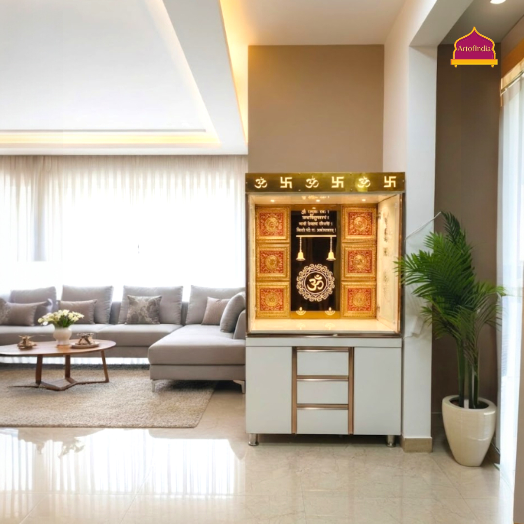 ARTOFINDIA White Wooden Pooja Mandir With Om Glass  Design And Doors  With  Drawers Included Tray