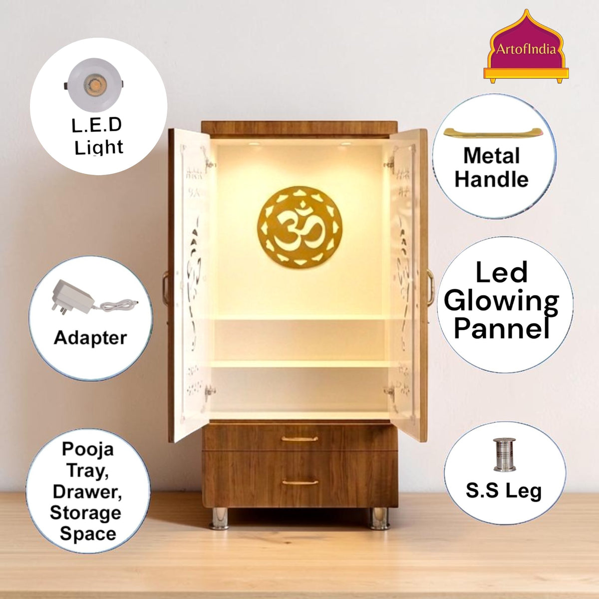 ARTOFINDIA White Brown Wooden Pooja Mandir  With Om Jali With Door  Drawers Including Tray