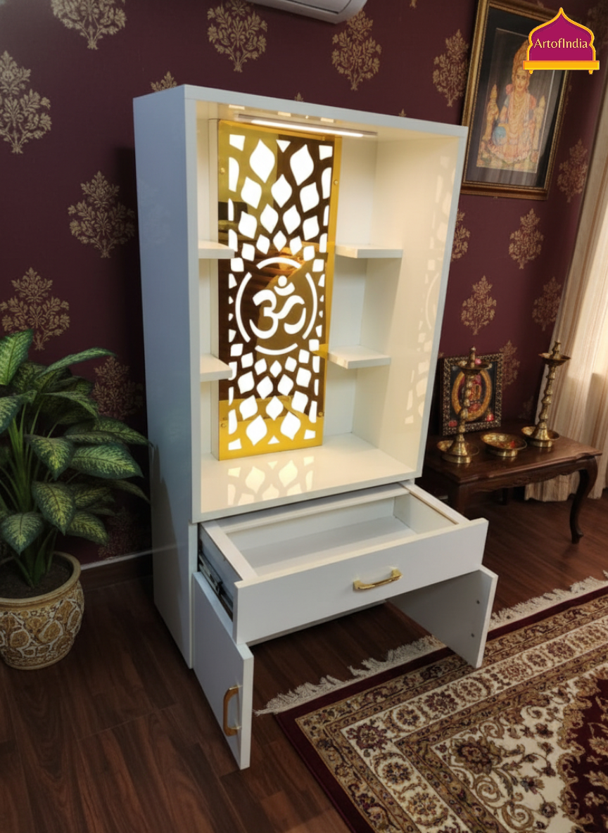 ARTOFINDIA White Wooden Pooja Mandir  With Om Jali With Drawers Including Tray