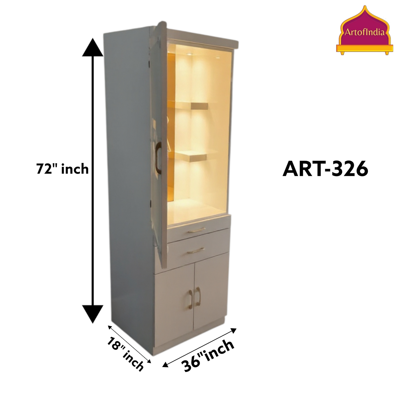 ARTOFINDIA White Wooden Pooja Mandir With Jain Glass And Doors  With  Drawers Included Tray