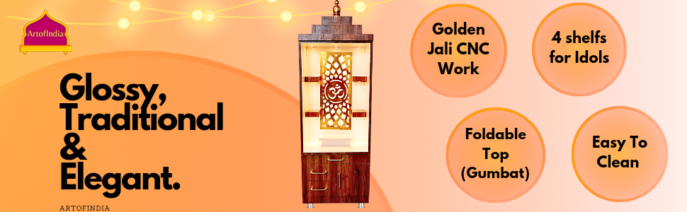 ARTOFINDIA Brown & White Wooden Pooja Mandir for Home/Temple for Home and Office/Pooja Mandir with Om LED Warm White Light & 4 shelfs