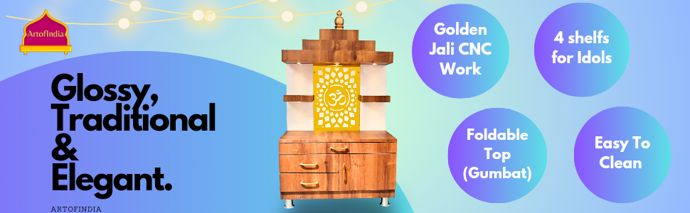 ARTOFINDIA Designer Wooden Temple, Wooden Mandir for Home, Floor Mounted Mandir with Lights