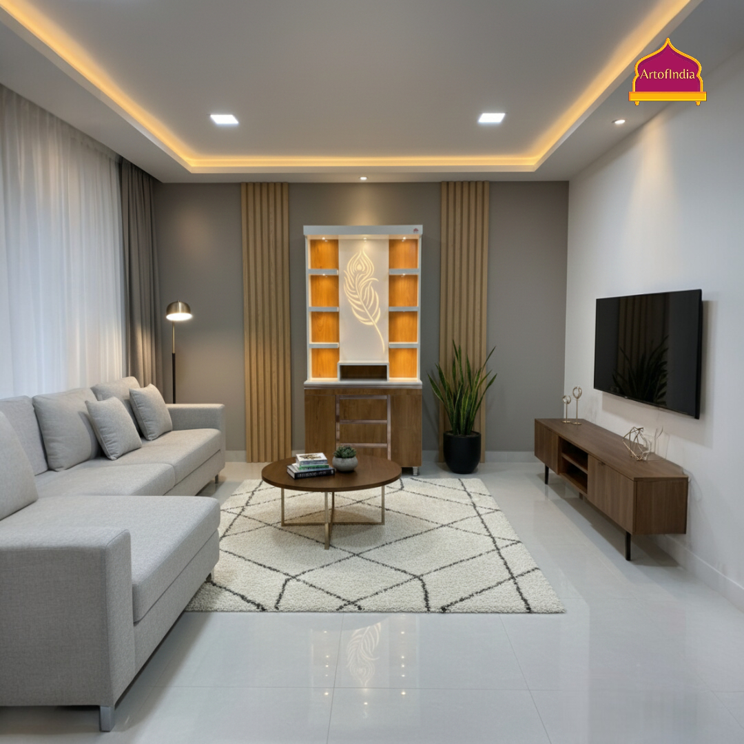 ARTOFINDIA White Wooden Pooja Mandir With Jain Glass And Doors  With  Drawers Included Tray