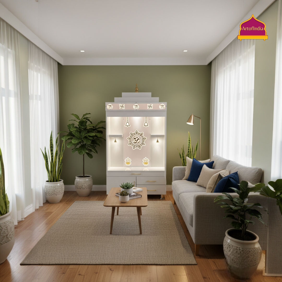 ARTOFINDIA White Wooden Pooja Mandir With Om Acralyic With  Drawers Included Tray