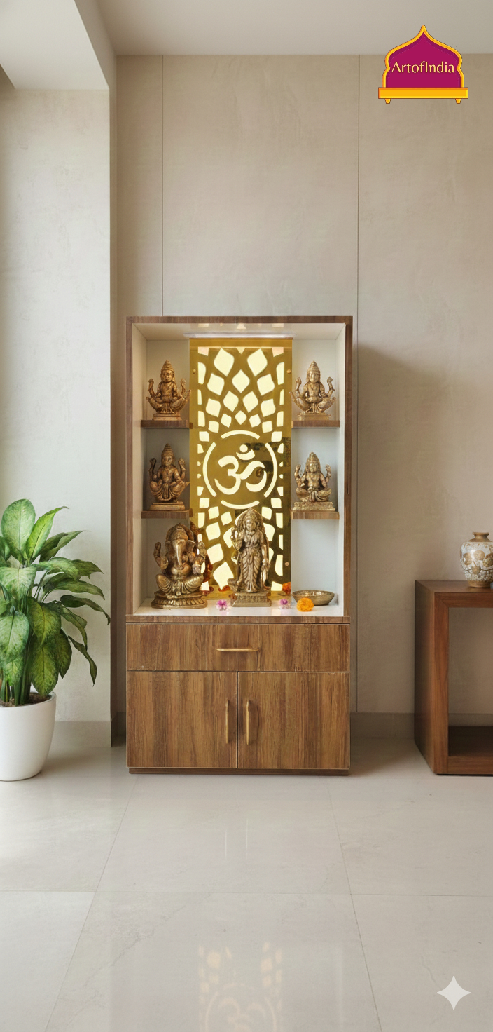 ARTOFINDIA White Brown Wooden Pooja Mandir  With Om Jali With Drawers Including Tray
