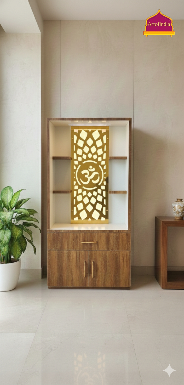 ARTOFINDIA White Brown Wooden Pooja Mandir  With Om Jali With Drawers Including Tray