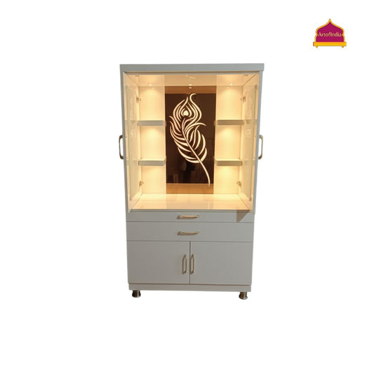 ARTOFINDIA White Wooden Pooja Mandir With Mor Pankh Design Glass  And Doors  With  Drawers Included Tray