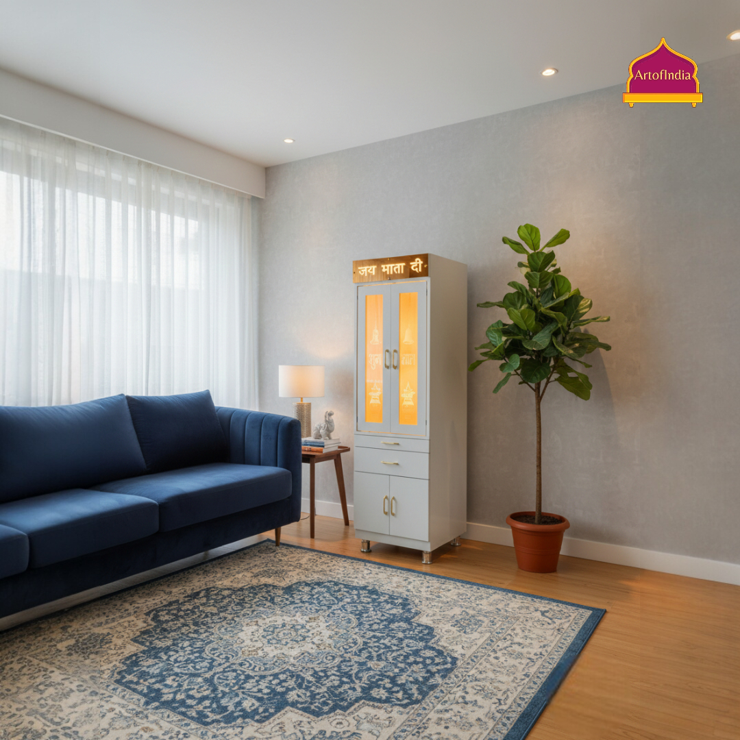 ARTOFINDIA White  Wooden Corian  Mandir With  Mata Ji Design Corian Mandir  With Drawers Included Tray