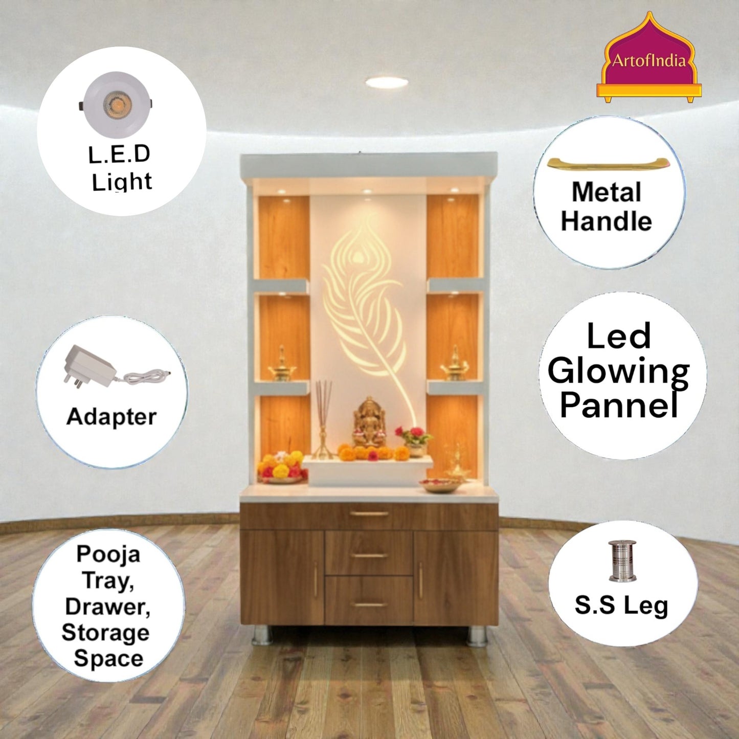 ARTOFINDIA White Wooden Pooja Mandir With Mor Pankh  Design Glass  and Drawers Included Tray