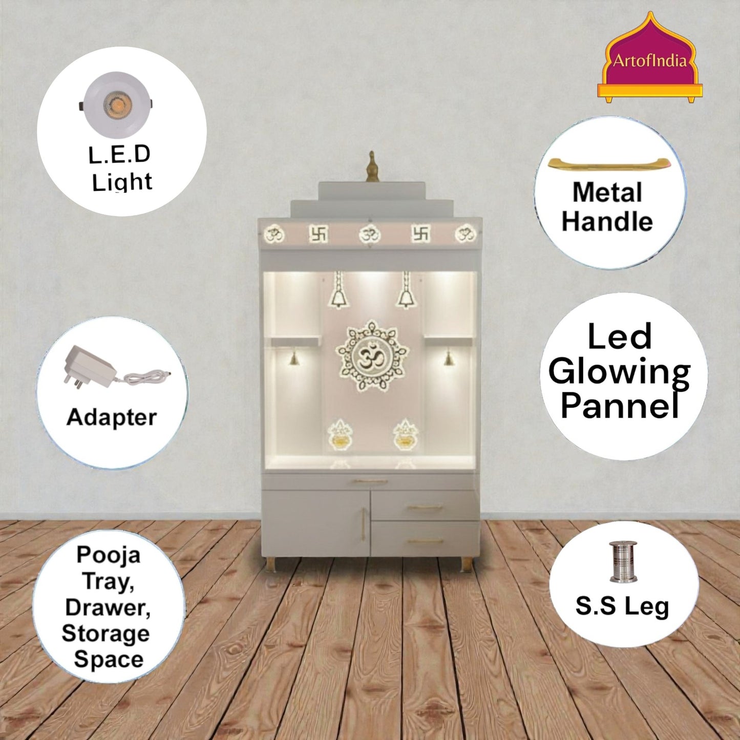 ARTOFINDIA White Wooden Pooja Mandir With Om Acralyic With  Drawers Included Tray