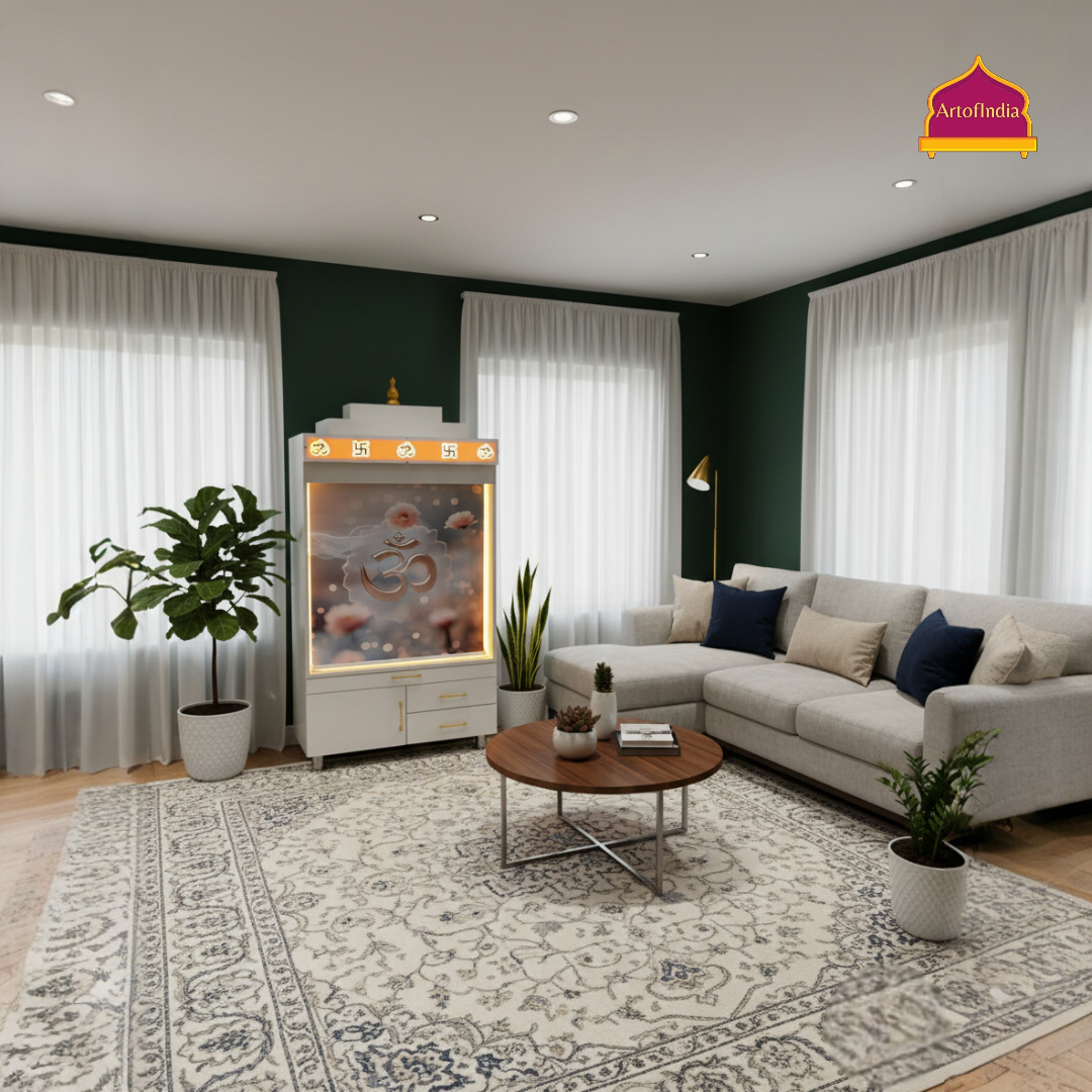 ARTOFINDIA White Wooden Pooja Mandir With Om Acralyic With  Drawers Included Tray