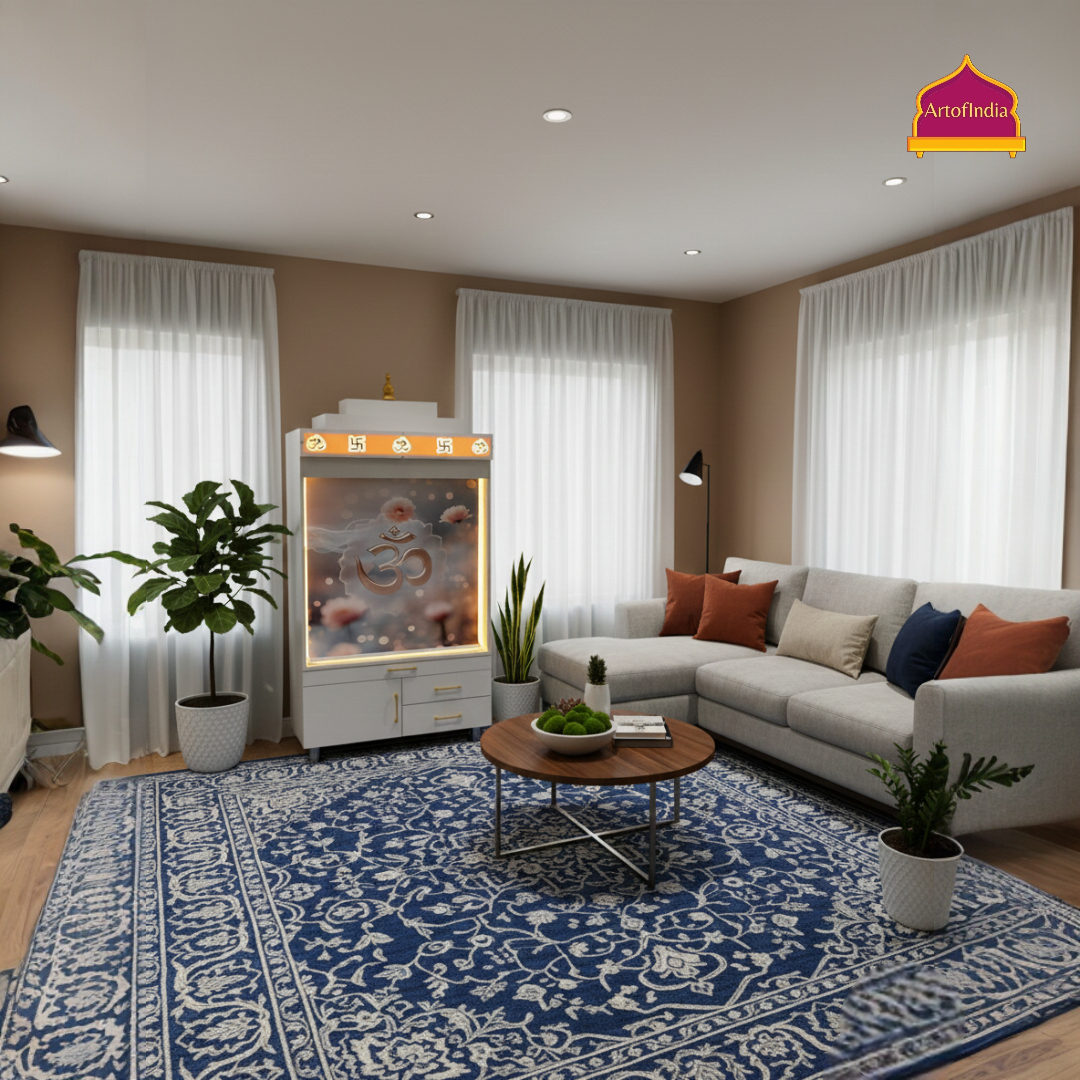 ARTOFINDIA White Wooden Pooja Mandir With Om Acralyic With  Drawers Included Tray