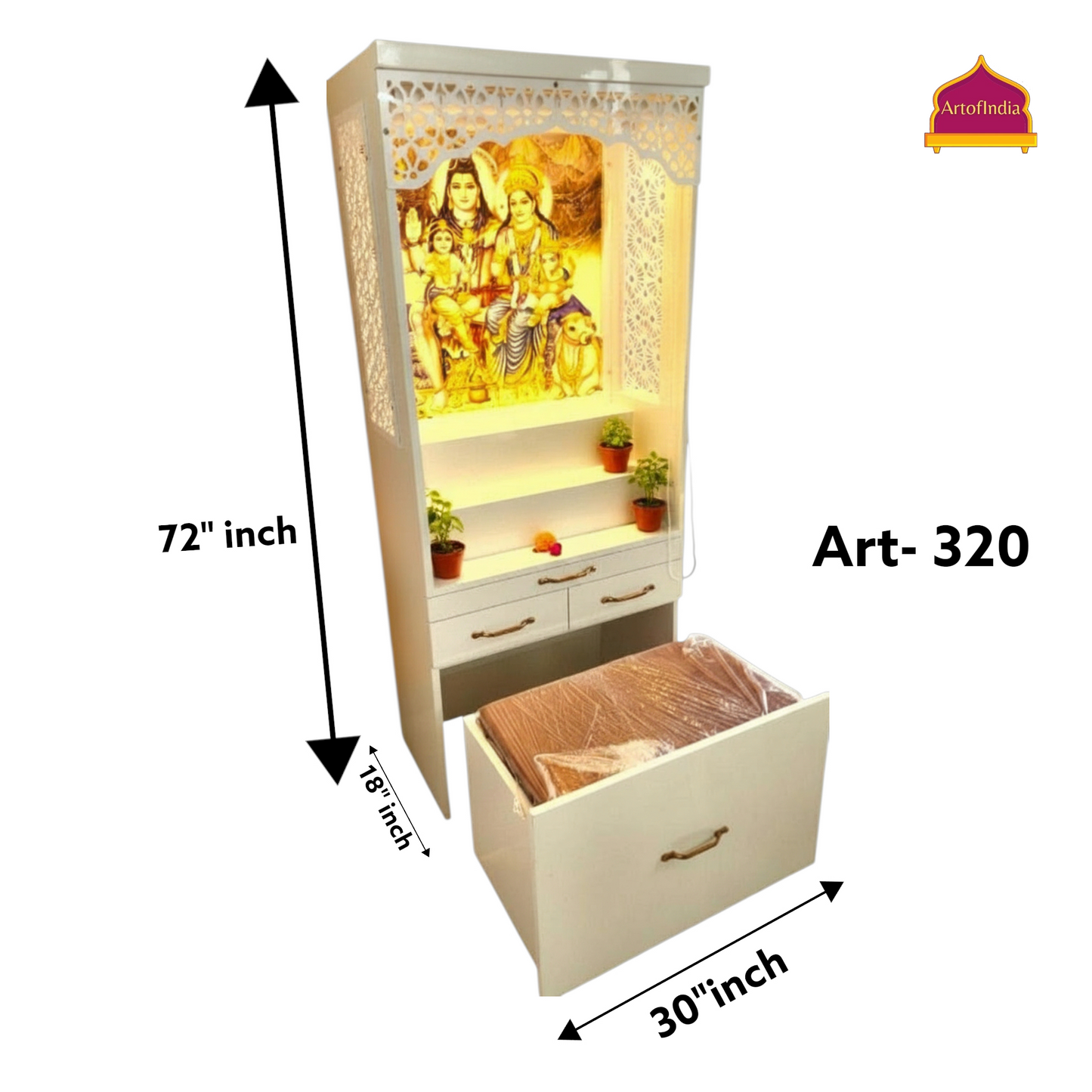 ARTOFINDIA White  Wooden Pooja Mandir With Om Shiv Parivar Design Corian Mandir  With Sitting Stool And Drawers Included Tray