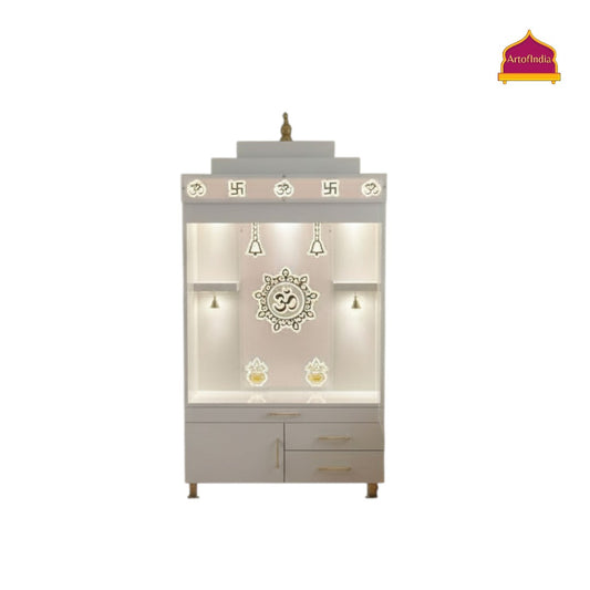 ARTOFINDIA White Wooden Pooja Mandir With Om Acralyic With  Drawers Included Tray