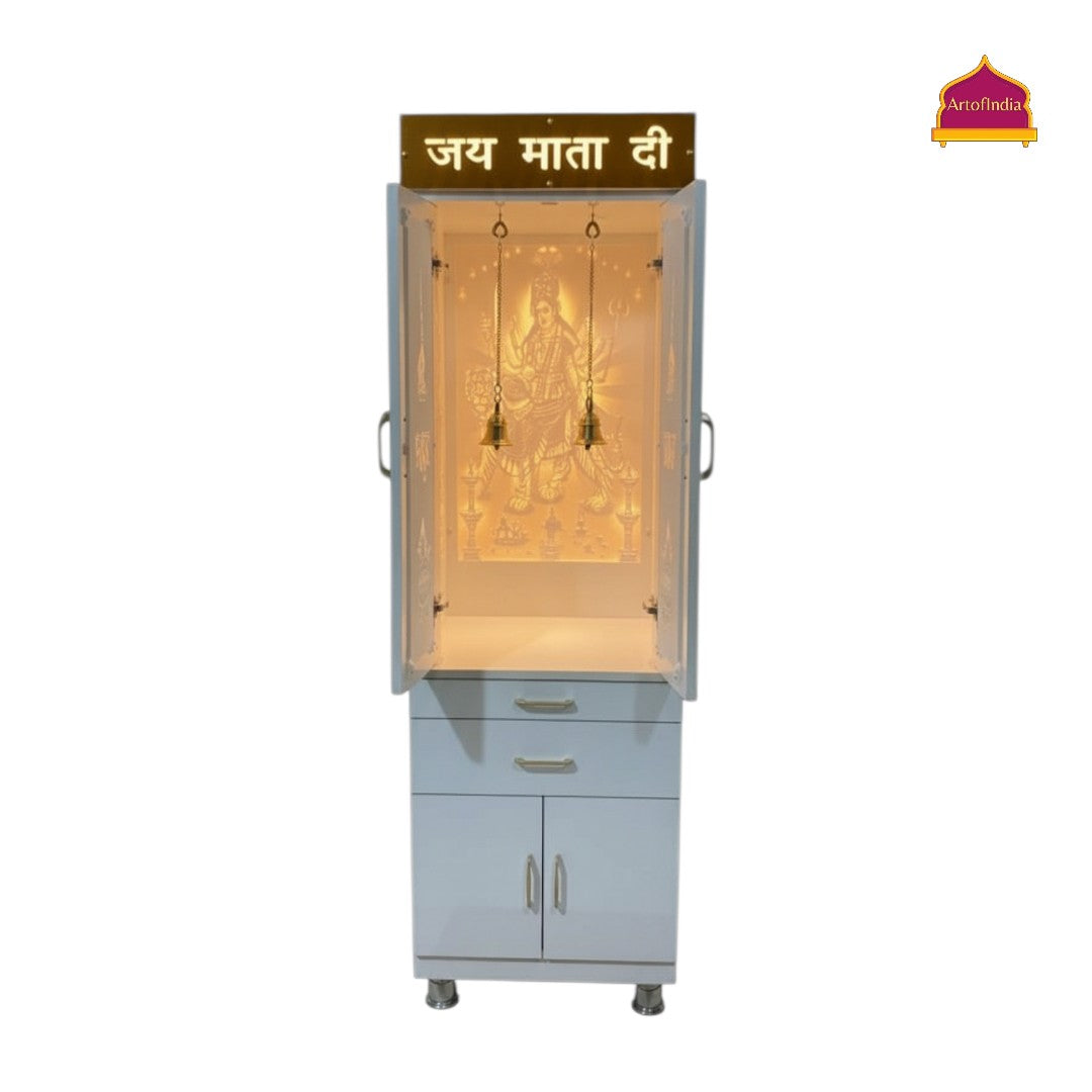 ARTOFINDIA White  Wooden Corian  Mandir With  Mata Ji Design Corian Mandir  With Drawers Included Tray