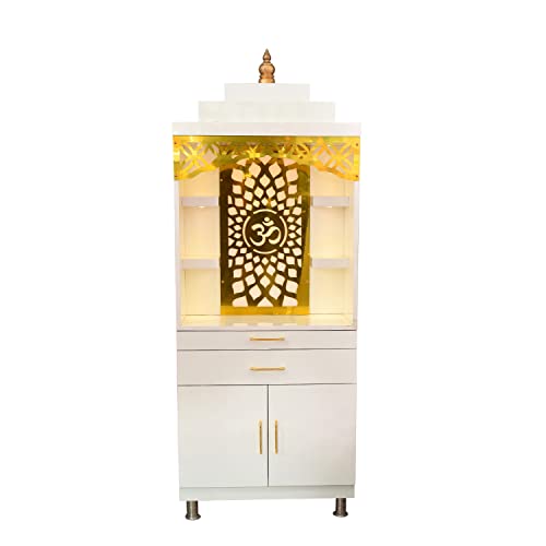 ARTOFINDIA Wooden Beautiful Temple with Golden OM Warm White Led Light Fully Assembled 4 Shelf to Place God Idols