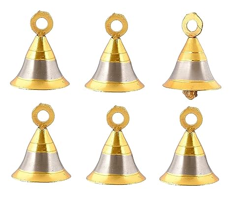 Artofindia Brass Bell Decorative Pooja Room Bells with J Hook (Silver Gold 2.5 inch, Pack of 4)