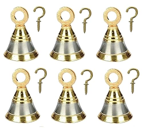 Artofindia Brass Bell Decorative Pooja Room Bells with J Hook (Silver Gold 2.5 inch, Pack of 4)